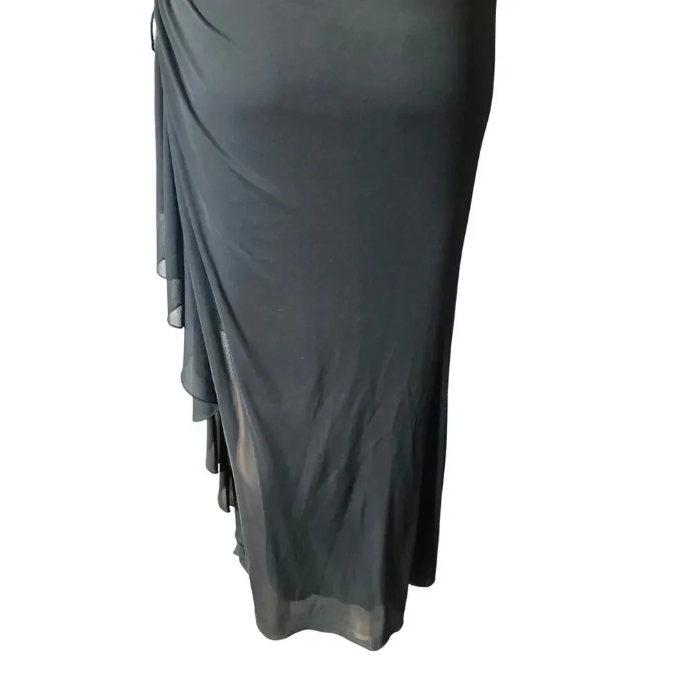 Vintage Black Halter Maxi Dress Womens Small Rhinestone Open Back Formal Gown